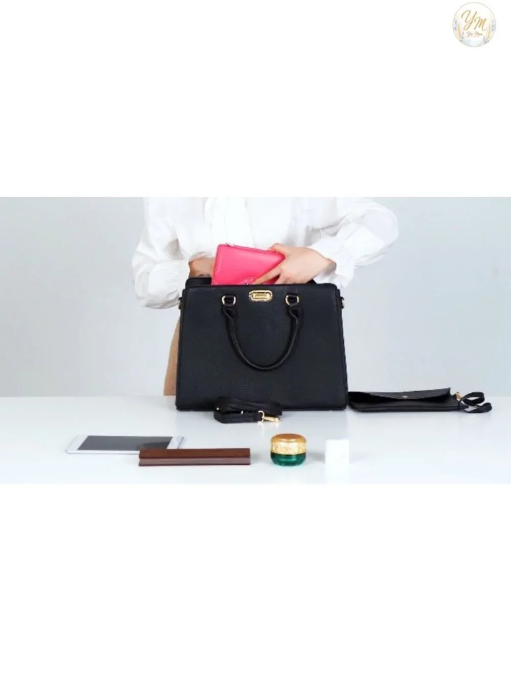Vegan Leather Satchel Tote with Gold Twist Lock and Matching Clutch